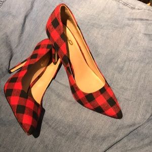 EUC BUFFALO PLAID MIX NO. 6 HEELS.